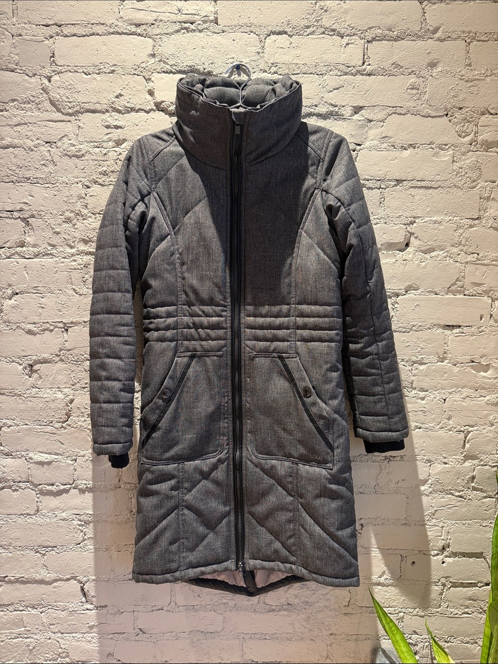 Lole Women's Gray Quilted Long Puffer Coat with High Collar